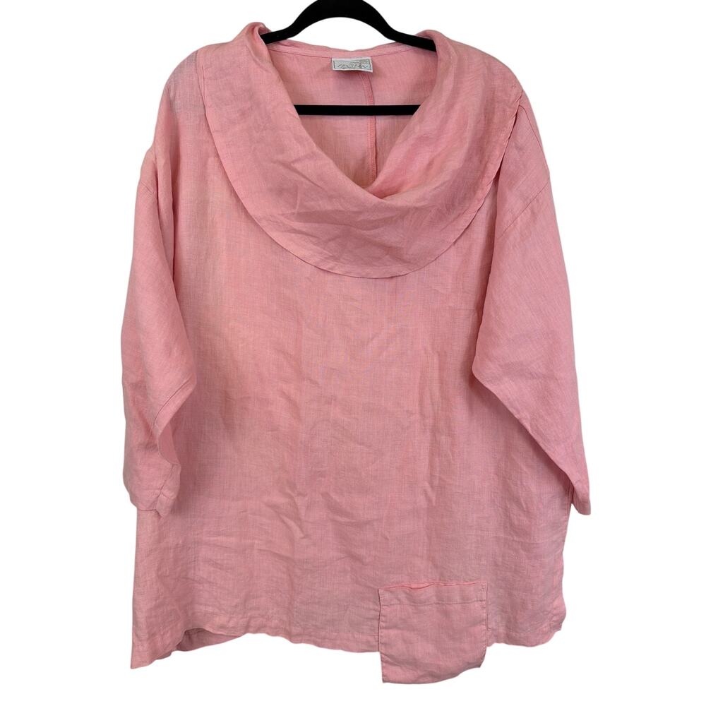 La Fixsun Large Pink 100% Linen 3/4 Sleeve Cowl Neck asymmetric Pocket Top Shirt